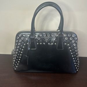 Prada Pyramid Saffiano Vernice Crystal Embellished Top Handle Bag in Black!
